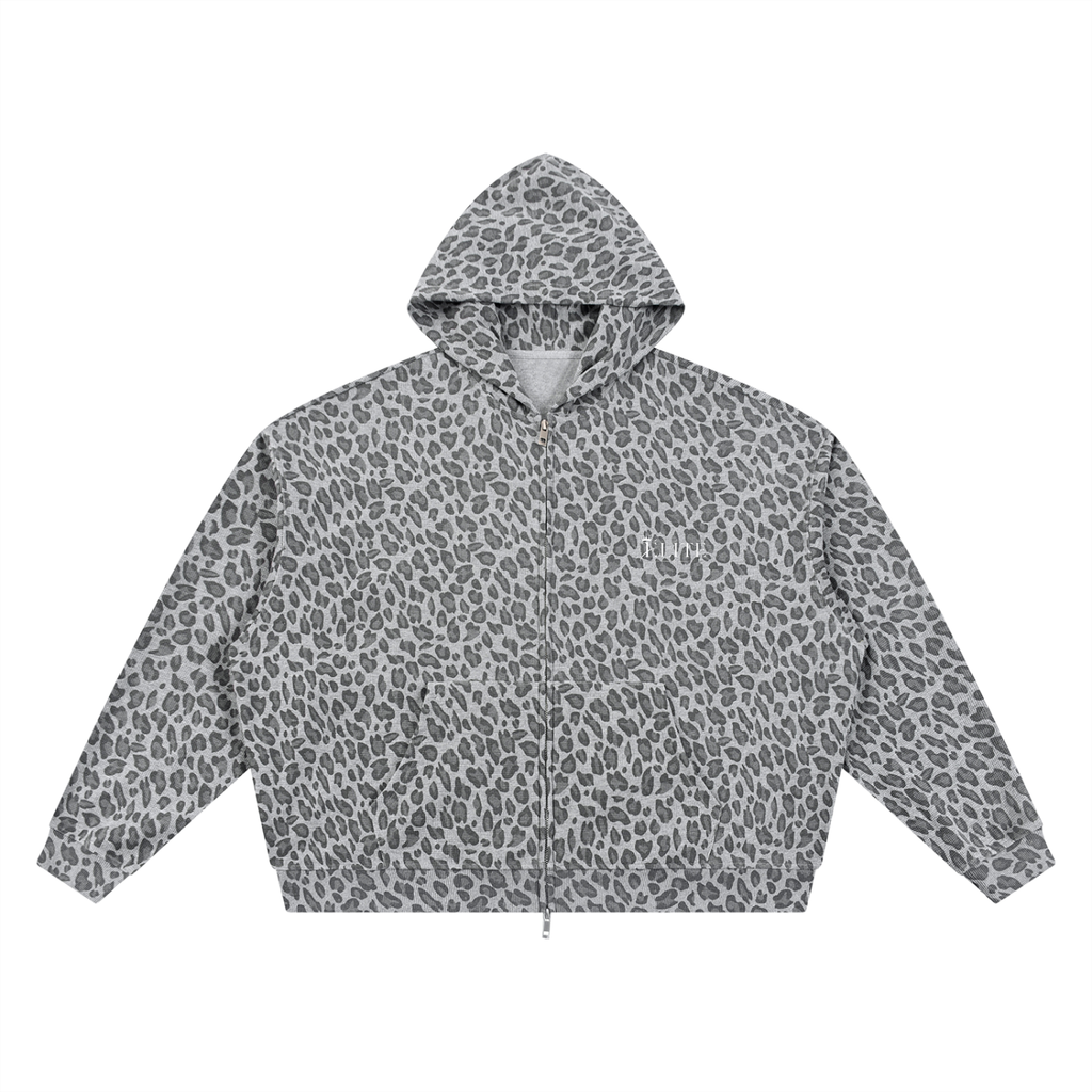 ELITE | Sudadera Unisex con Capucha y Cremallera Completa de Waffle con Estampado de Leopardo