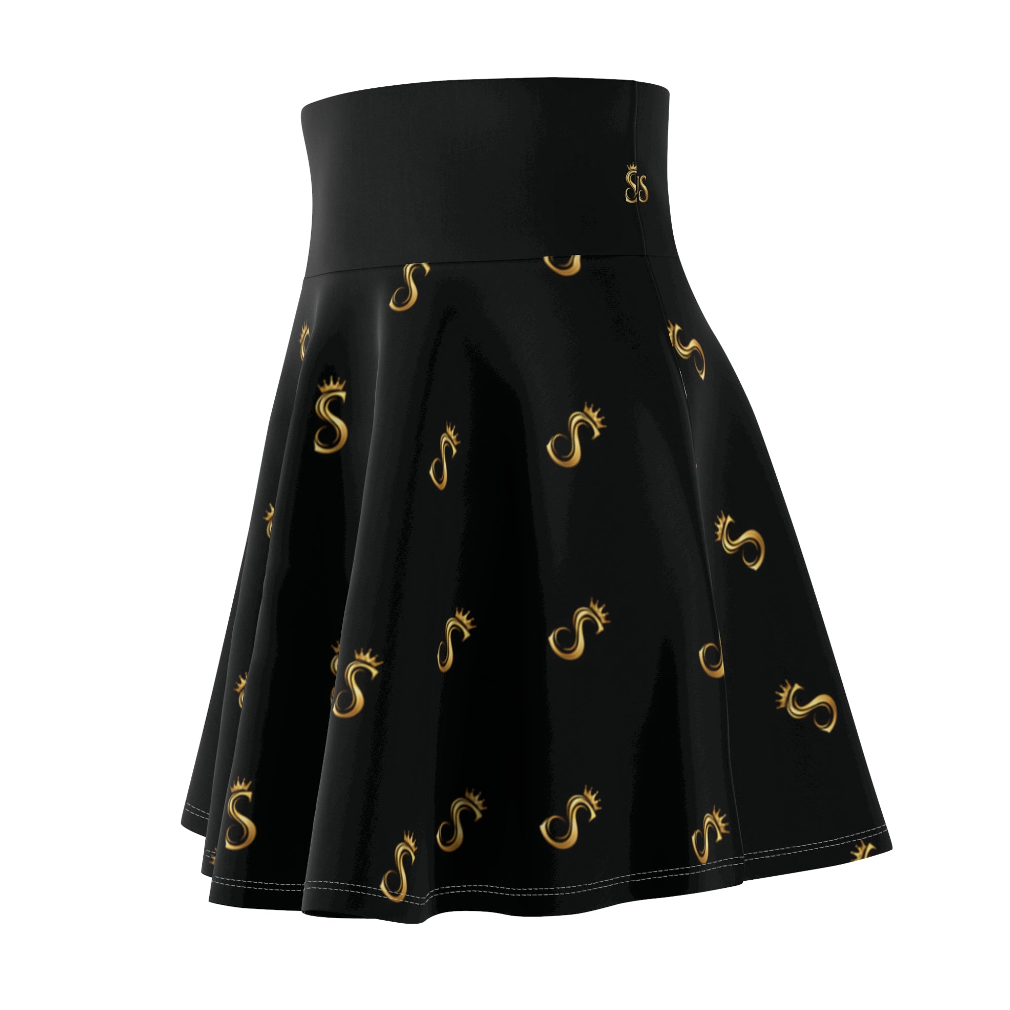 Minifalda acampanada con estampado de ondas doradas para mujer — Negro AOP