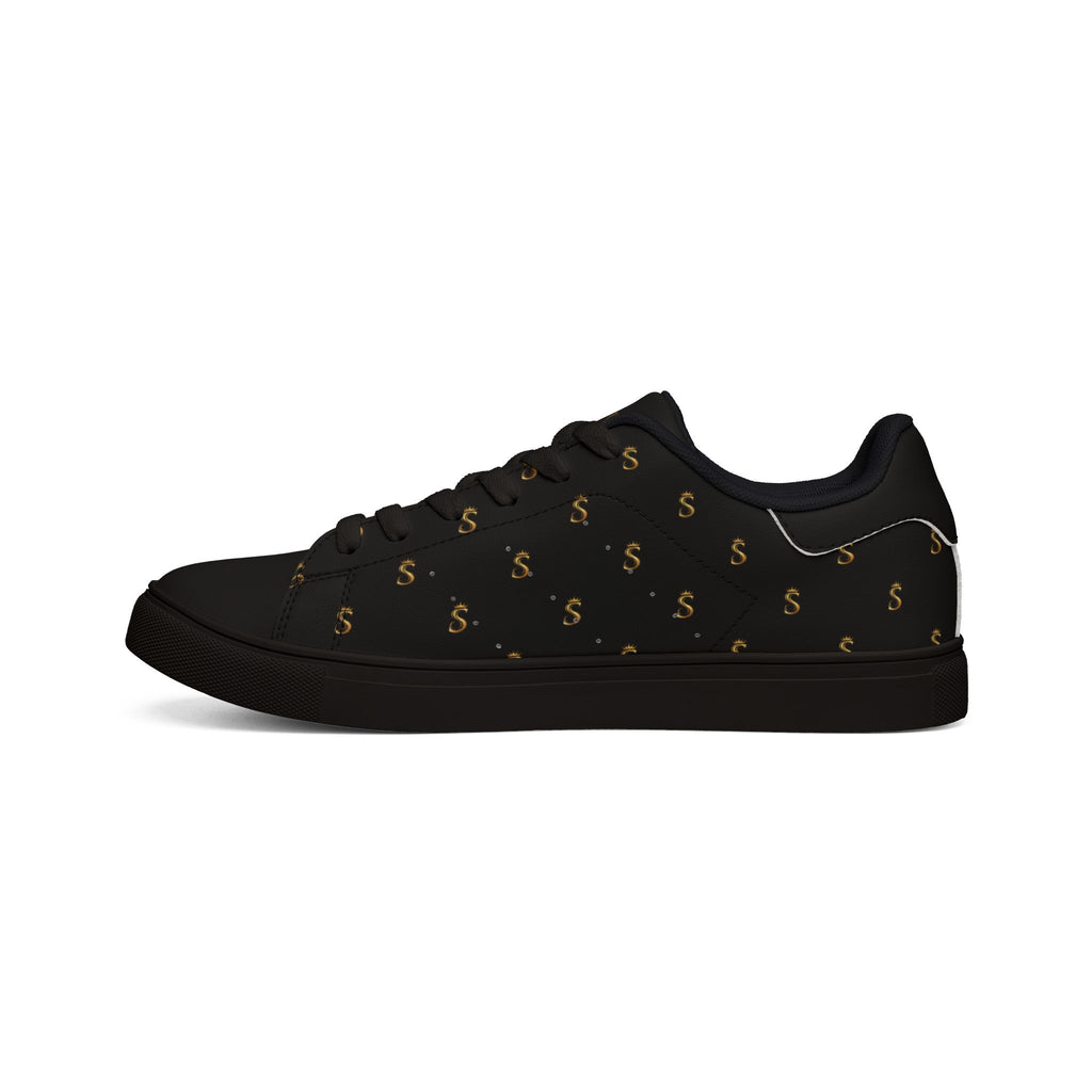 Men's Black Leather Low-Top Sneakers — Gold Seventus Accent