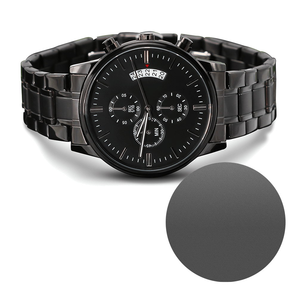Diseño de logotipo grabado de Seventus, reloj cronógrafo negro